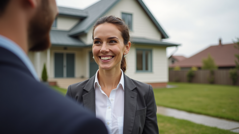Female real estate agent wearing a suit, standing in front of a home with a big smile on her face looking at a new homeowner